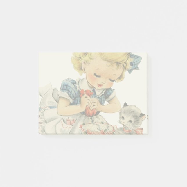 Retro Birthday Girl Cake Cat Children Artwork Post-it Notes (Front)