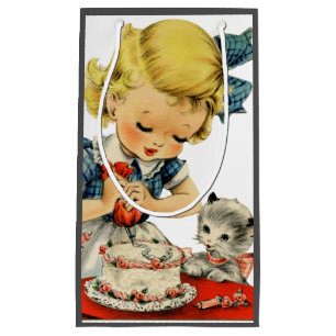 Retro Birthday Girl Cake Cat Children Artwork Small Gift Bag