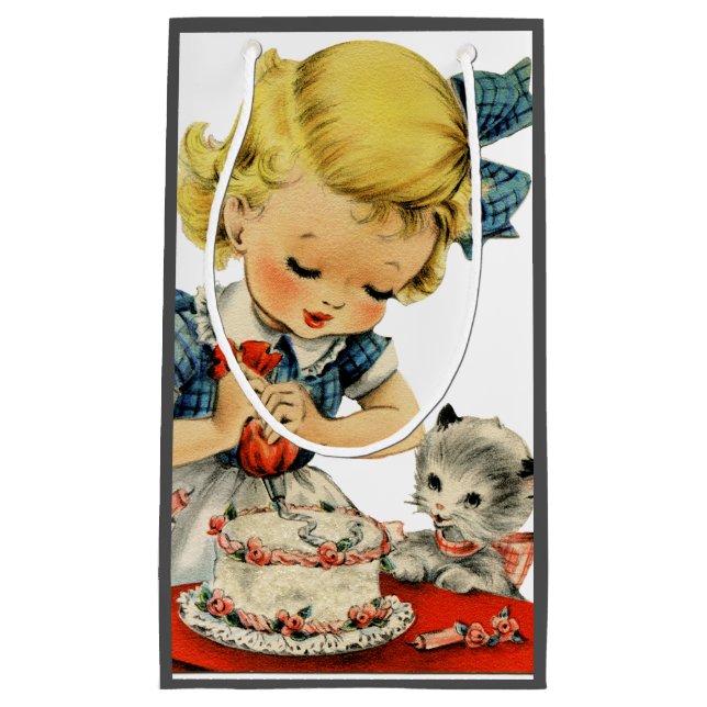 Retro Birthday Girl Cake Cat Children Artwork Small Gift Bag (Front)