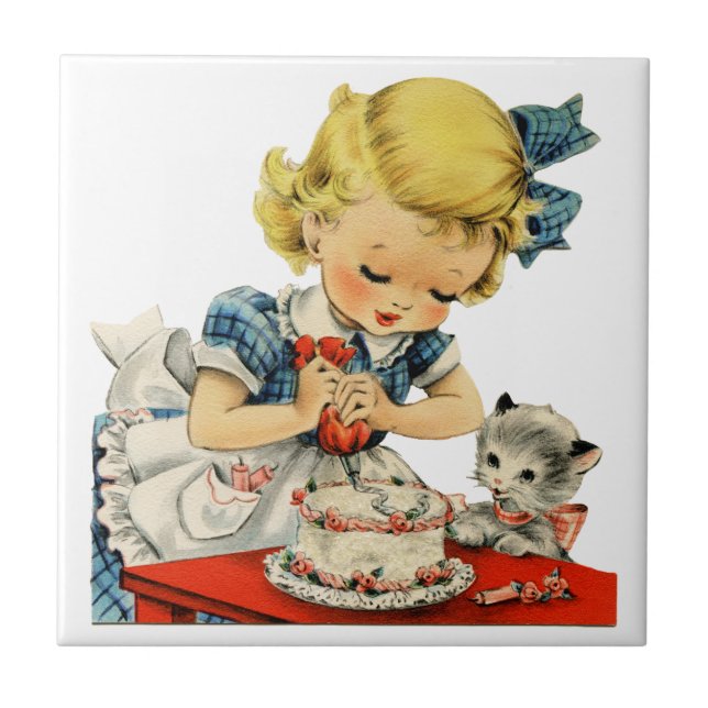 Retro Birthday Girl Cake Cat Children Artwork Tile (Front)