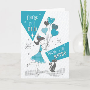 Retro Birthday Girl with Heart Balloons and Black Card