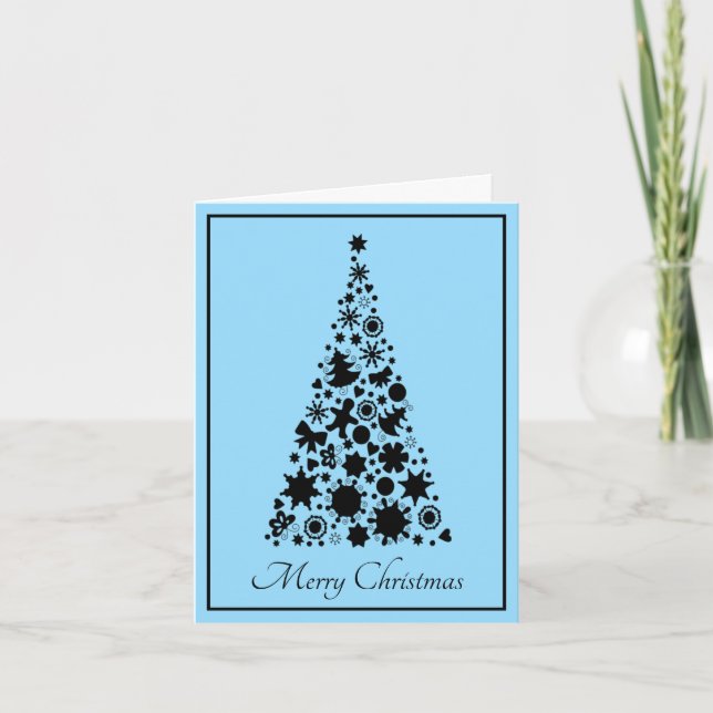 Retro Black and Blue Christmas Tree Holiday Card (Front)