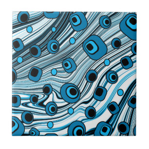 Retro Black and Blue Wavy Cute and Groovy Art Tile