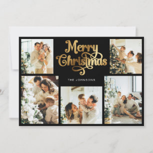 Retro Black and Gold Merry Christmas Family Photo Holiday Card