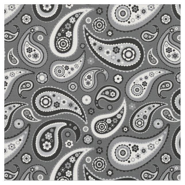Retro Black and Grey Paisley Pattern Fabric (Close Up)