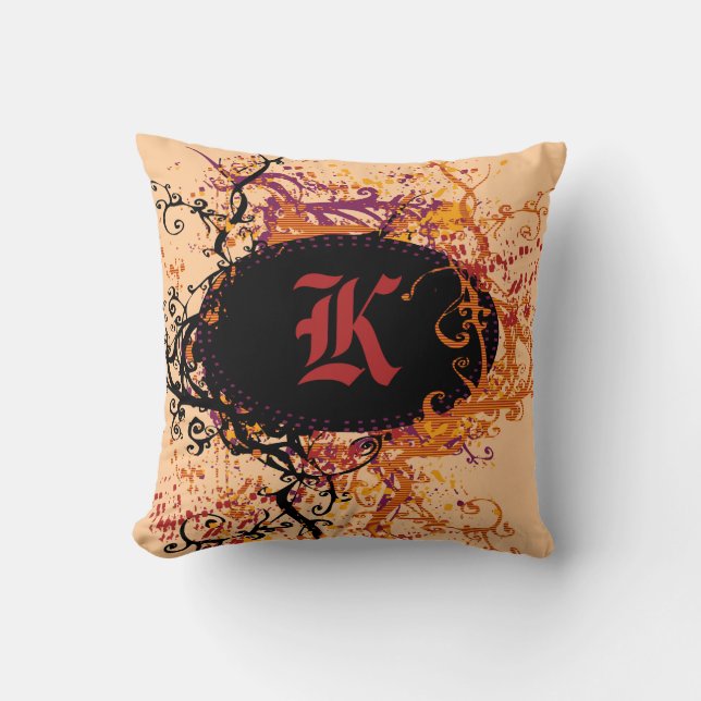 Retro Black and orange Pattern Monogram K Throw Pillow (Front)