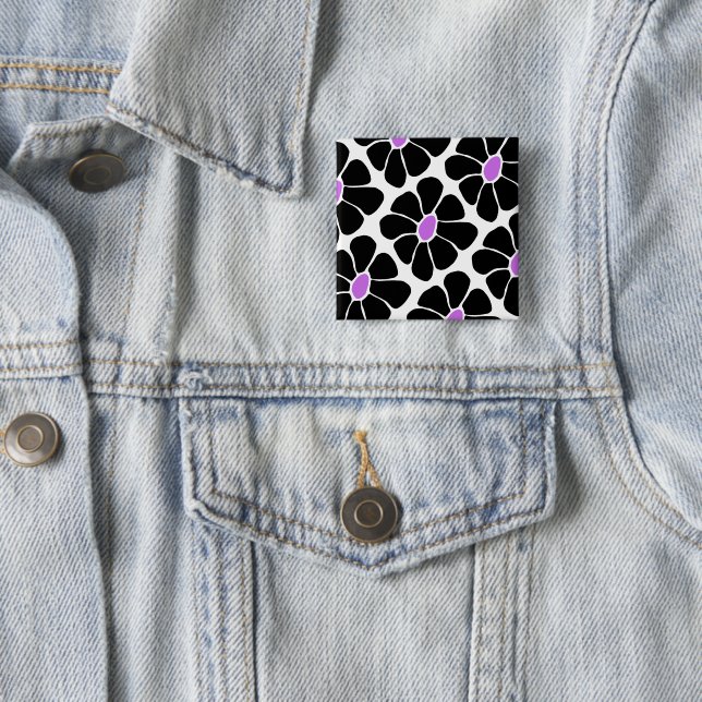 Retro Black and Purple Daisy Pattern 2 Inch Square Button (In Situ)