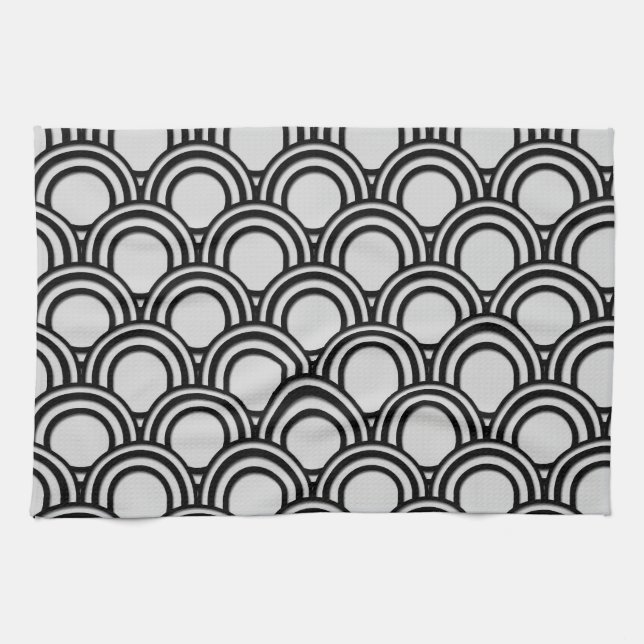Retro Black and White Art Deco Abstract Pattern Kitchen Towel (Horizontal)