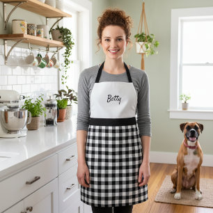 Retro Black and White Buffalo Plaid Custom Name Apron