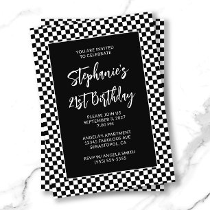 Retro Black and White Checkered Bold 21st Birthday Invitation