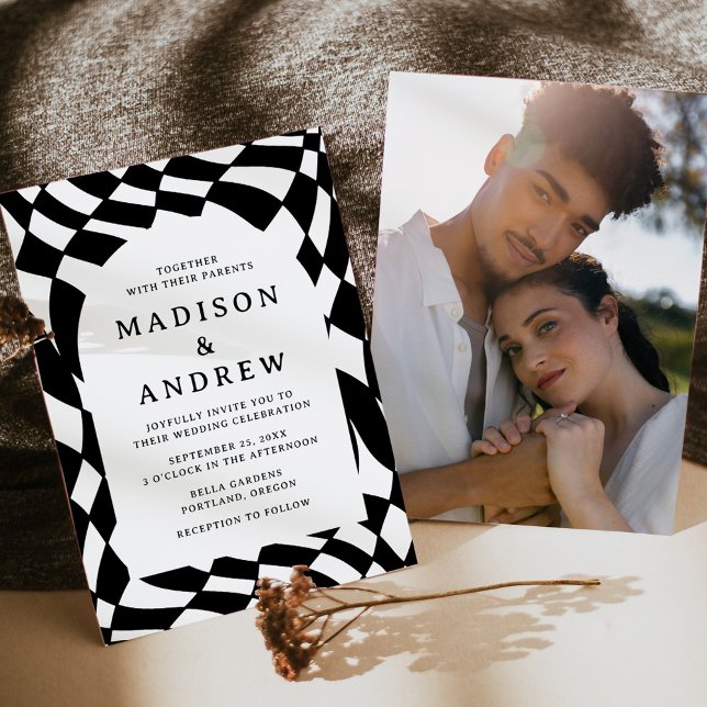 Retro Black and White Chequerboard Photo Wedding Invitation (Creator Uploaded)