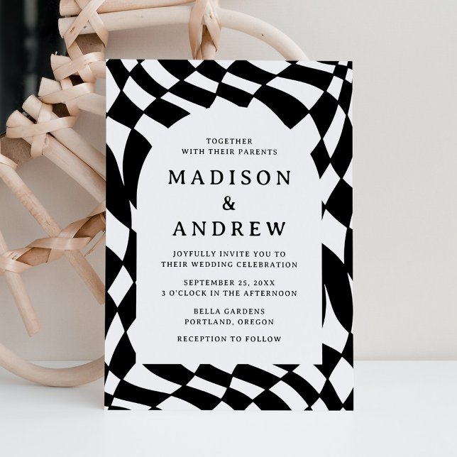 Retro Black and White Chequerboard Wedding Invitation (Creator Uploaded)