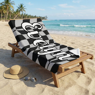 Retro Black and White Chequered Custom Name Beach Towel