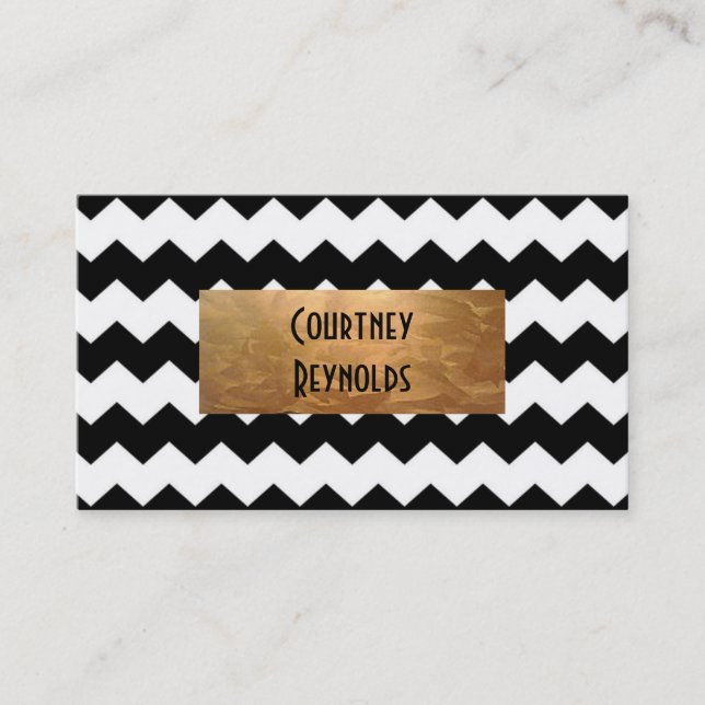 Retro Black and White Chevron Pattern Copper Business Card (Front)