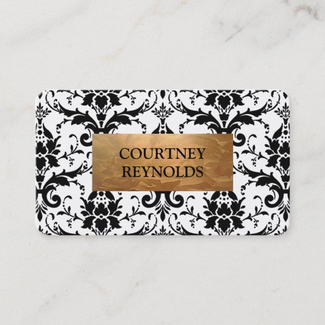 Retro Black and White Damask Pattern Copper Business Card (Front)