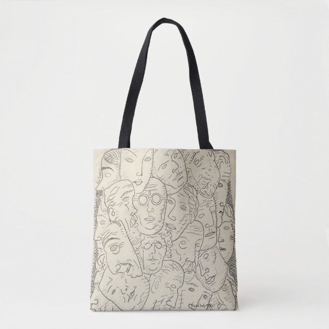retro black and white drawing of heads tote bag (Front)