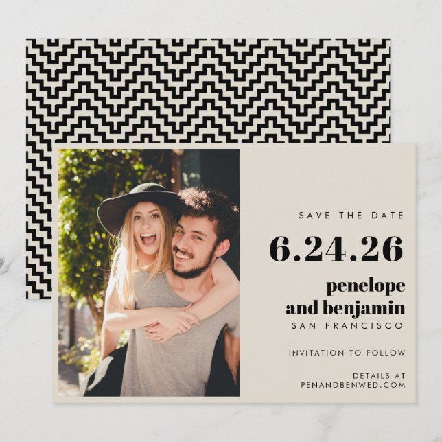 Retro Black and White Elegant Photo Wedding  Save The Date (Front/Back)