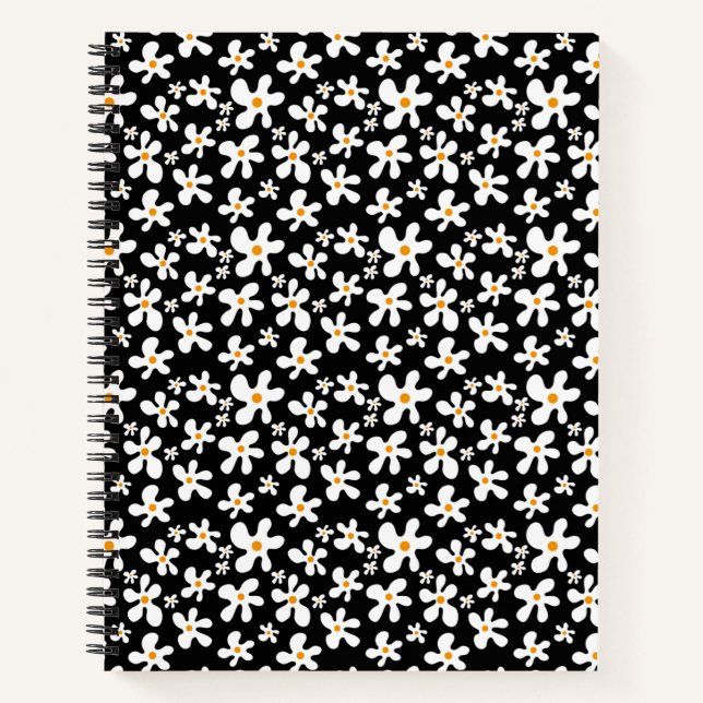Retro Black and White Floral Pattern | Daisy | Notebook (Front)