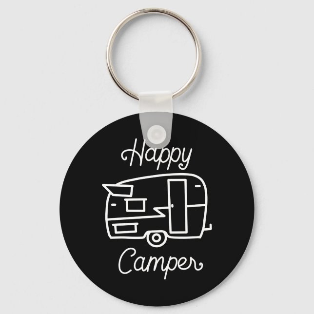 Retro  Black and White Happy Camper Keychain (Front)