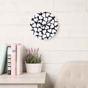 Retro Black and White Heart Pattern Large Clock