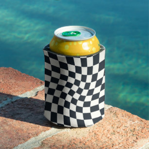 Retro Black And White Pastel Warped Chequerboard  Can Cooler