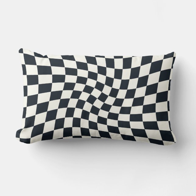 Retro Black And White Pastel Warped Chequerboard Lumbar Pillow (Front)