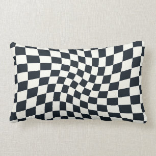 Retro Black And White Pastel Warped Chequerboard Lumbar Pillow