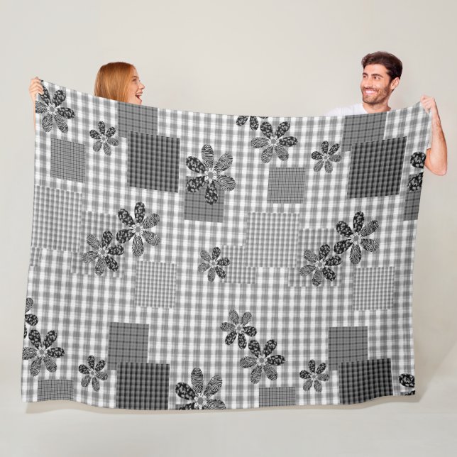 Retro black and white patchwork rustic pattern fleece blanket (In Situ)