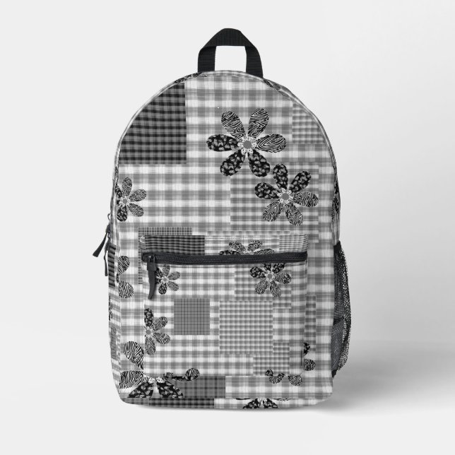 Retro black and white patchwork rustic pattern printed backpack (Front)