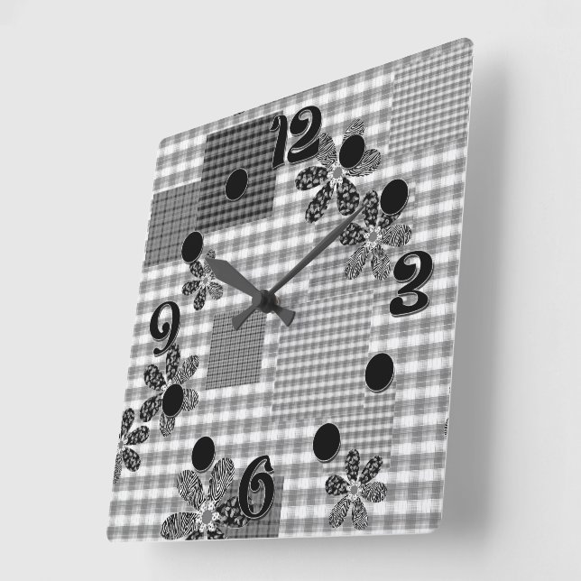 Retro black and white patchwork rustic pattern square wall clock (Angle)