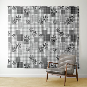 Retro black and white patchwork rustic pattern tapestry