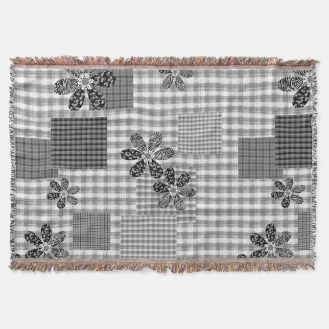 Retro black and white patchwork rustic pattern throw blanket (Front)