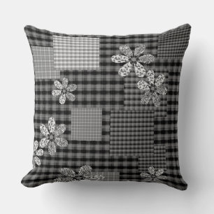 Retro black and white patchwork rustic pattern throw pillow