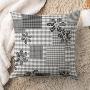 Retro black and white patchwork rustic pattern throw pillow