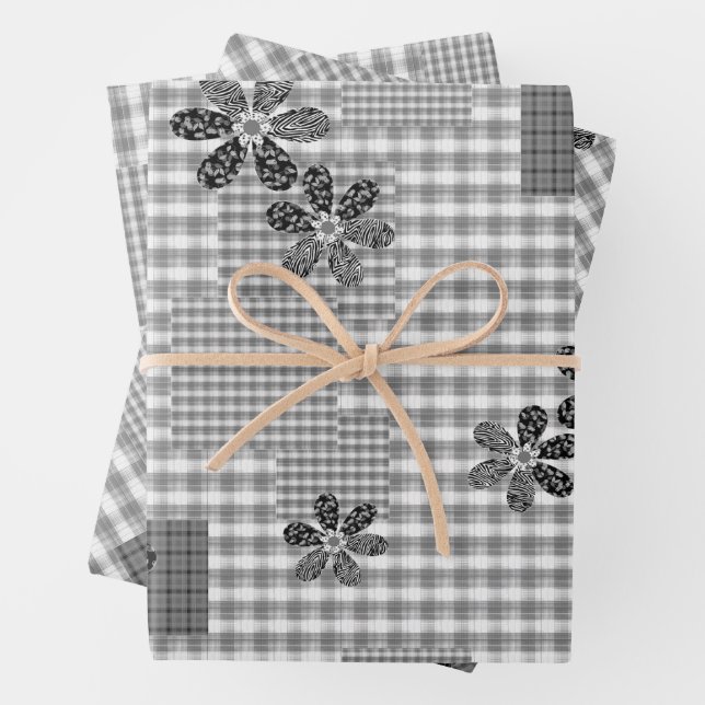 Retro black and white patchwork rustic pattern wrapping paper sheet (In situ)