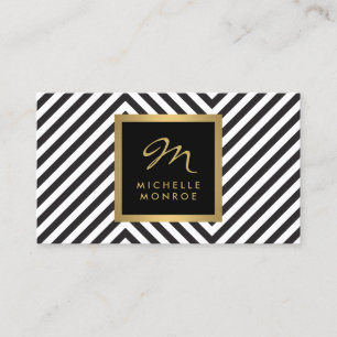 Retro Black and White Pattern Glam Gold Monogram Business Card