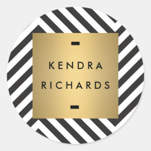 Retro Black and White Pattern Gold Name Logo Classic Round Sticker