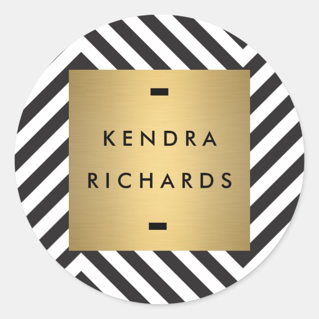 Retro Black and White Pattern Gold Name Logo Classic Round Sticker (Front)