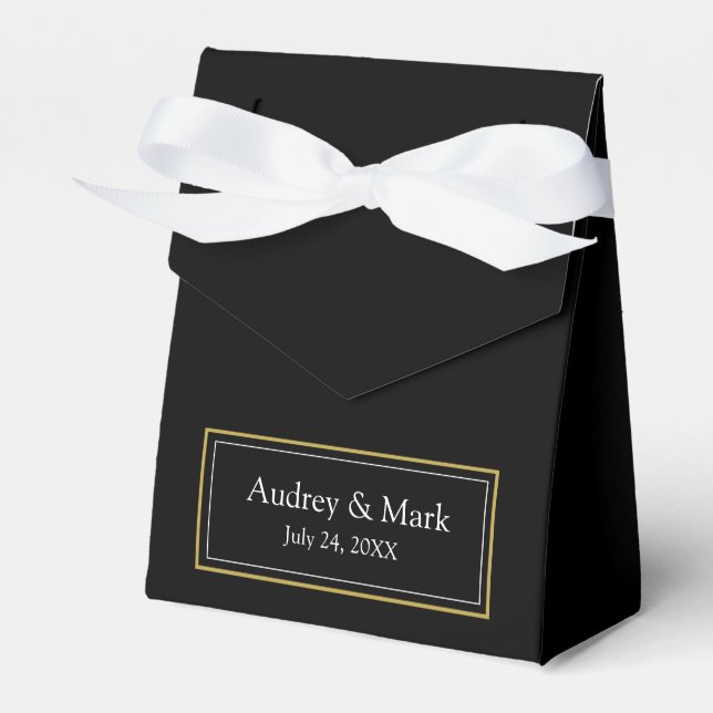Retro Black and White Pattern Gold Name Logo Favor Box (Front Side)