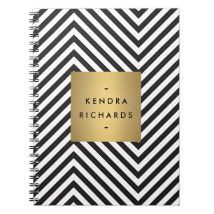 Retro Black and White Pattern Gold Name Logo Notebook
