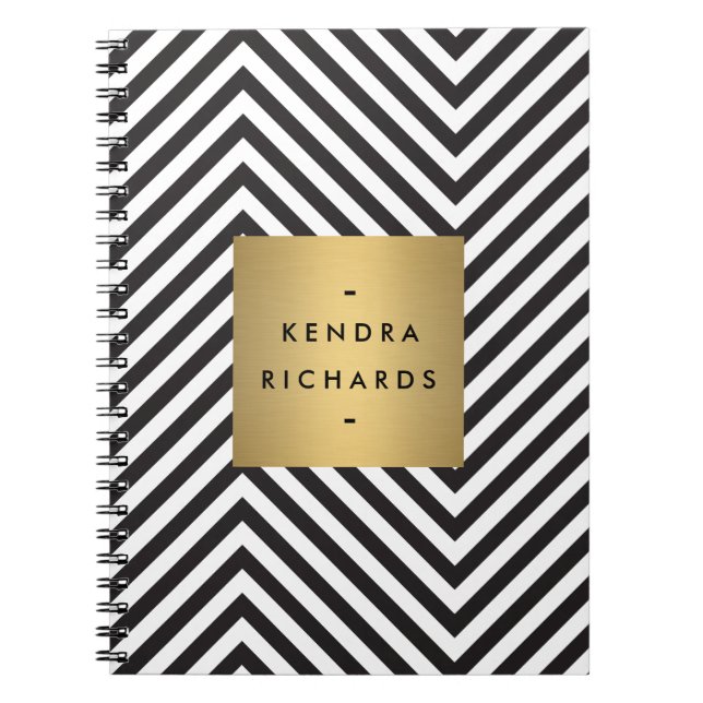 Retro Black and White Pattern Gold Name Logo Notebook (Front)