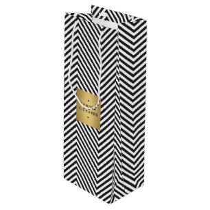 Retro Black and White Pattern Gold Name Logo Wine  Gift Bag