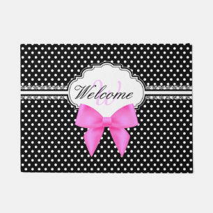 Retro black and white polka dot pink bow monogram doormat