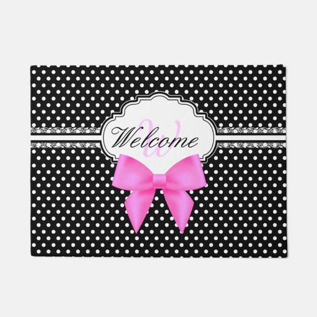 Retro black and white polka dot pink bow monogram doormat (Front)