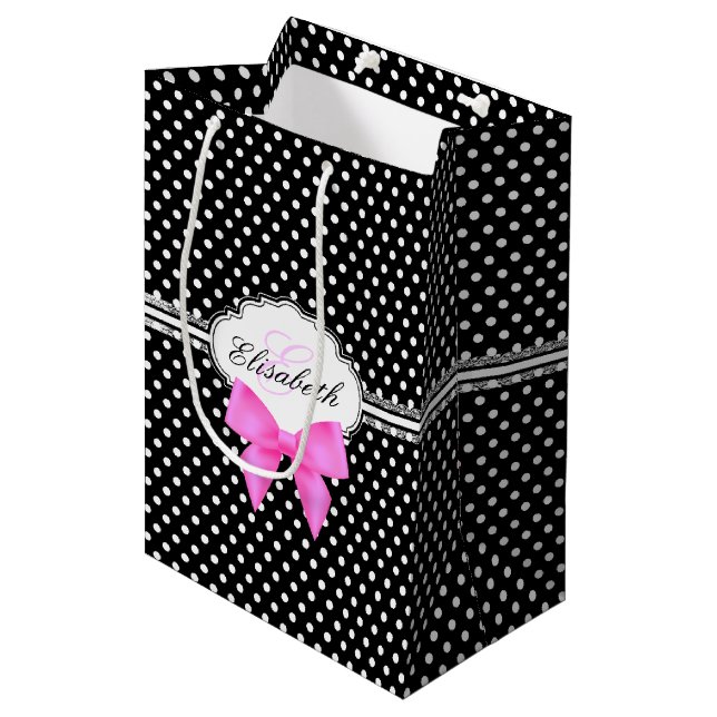 Retro black and white polka dot pink bow name medium gift bag (Front Angled)