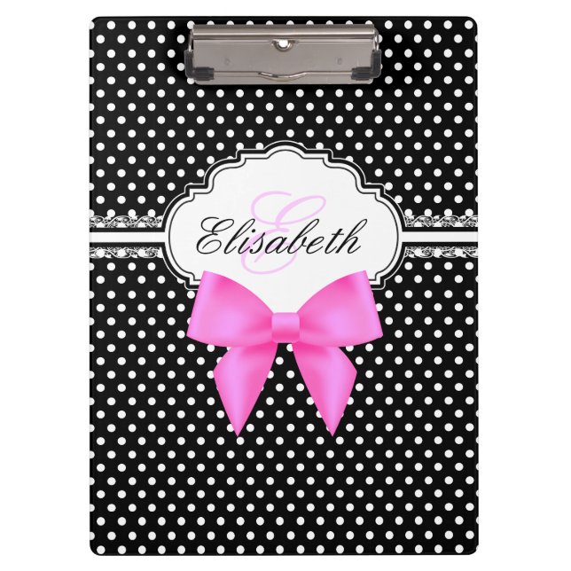 Retro black and white polka dots pink bow monogram clipboard (Front)