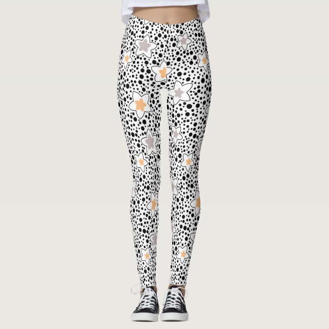Retro black and white polka dots with stars  leggings (Front)