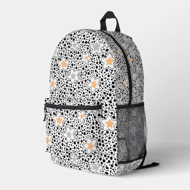 Retro black and white polka dots with stars  printed backpack (Back Corner Right)