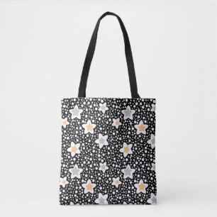 Retro black and white polka dots with stars  tote bag