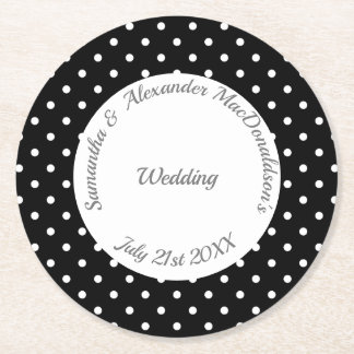 Retro black and white polkadot wedding round paper coaster